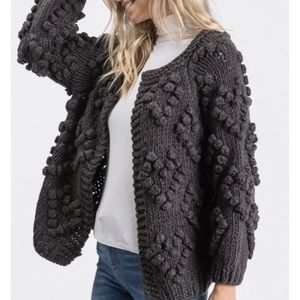 Heart Pom Cardigan, Charcoal Grey